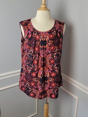 MERONA Pink Red Floral Retro 70s Print Sleeveless Career Scoop Neck Shell Top L